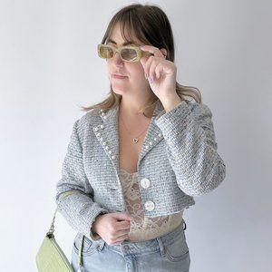 Reworked Blue Pastel Tweed Pearl Blazer